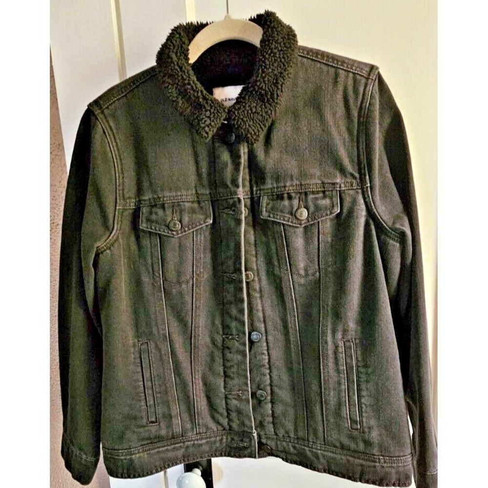 Old Navy Boyfriend Jacket Womens  Large Black Denim Sherpa Lined Button‎ Front